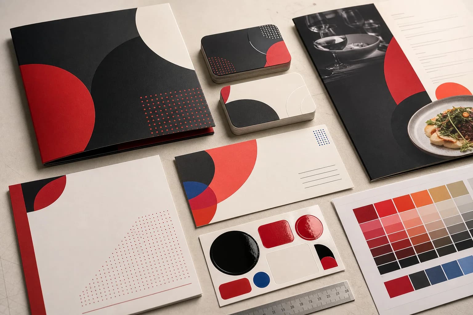 Printed finish samples and coordinated visual design materials.