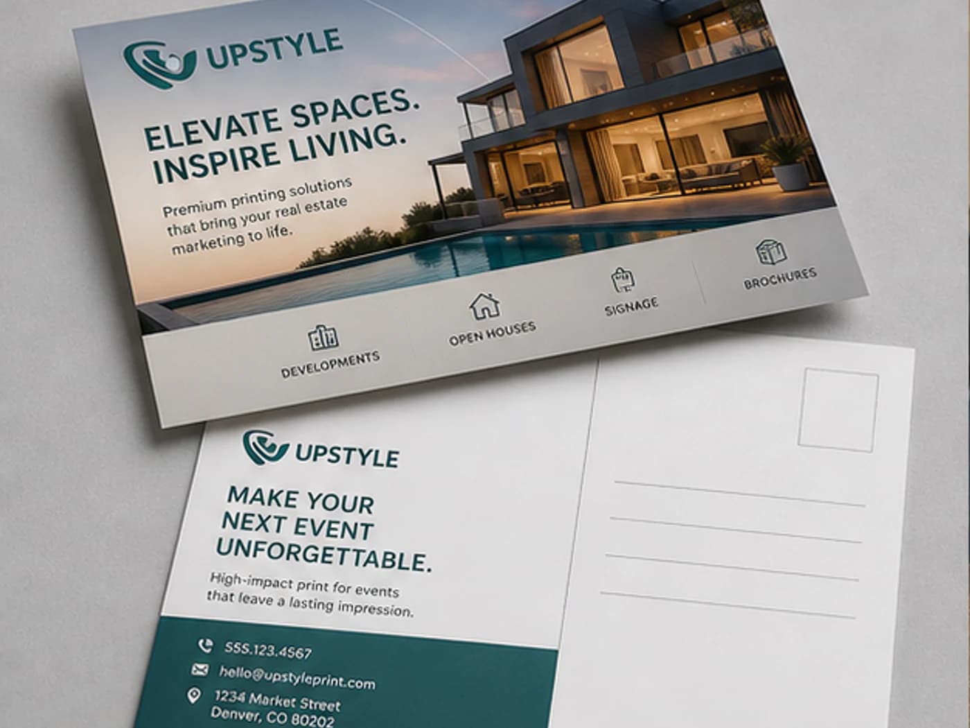 Postcard and flyer-style print marketing materials.