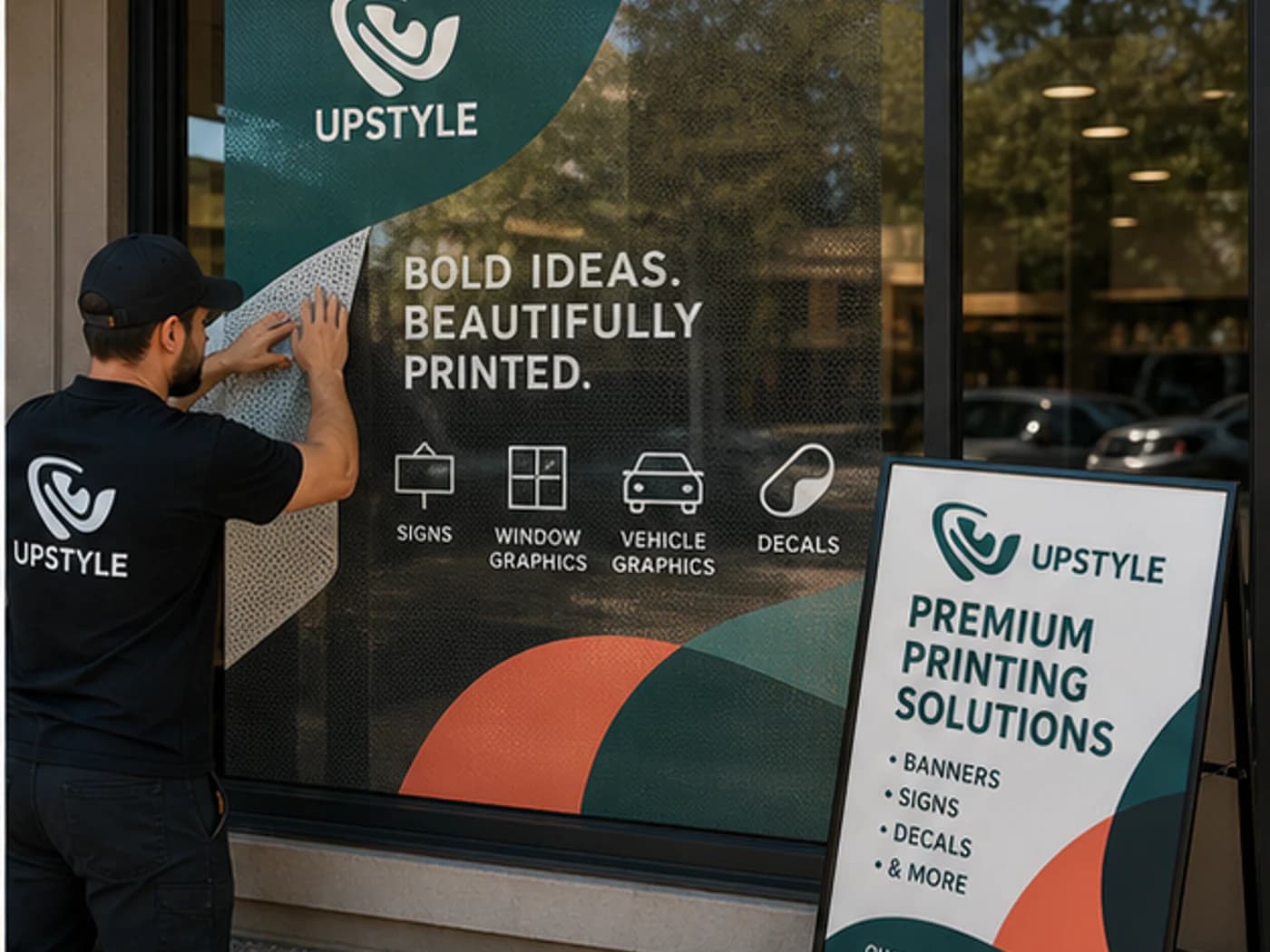 Large-format vinyl, banner and display materials arranged for printing.