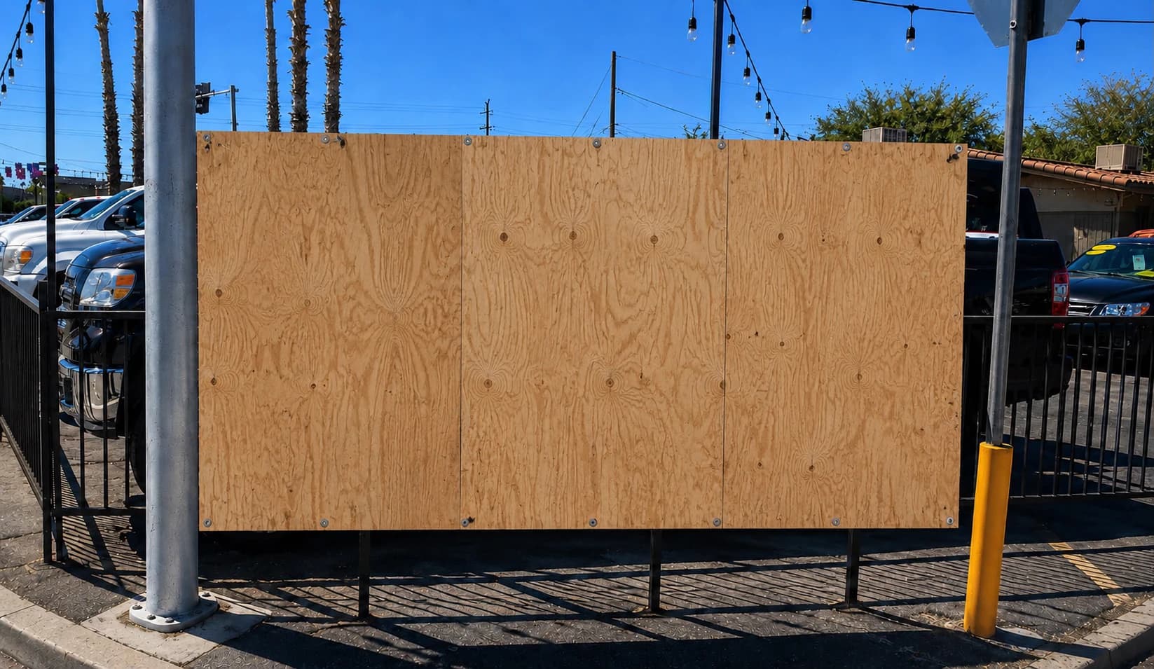 Odiaga's Auto exterior plywood wall before the banner installation.